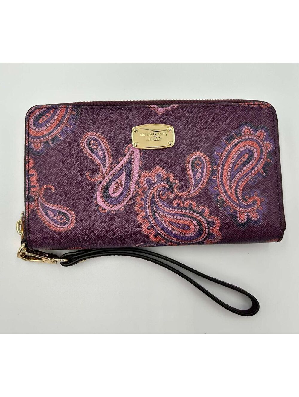 Michael Kors Plum Burgundy Paisley Print Zip Around Wristlet